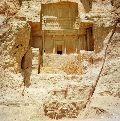 The rock-cut tomb of Artaxerxes I, with a Sasanian relief below depicting Shapur I